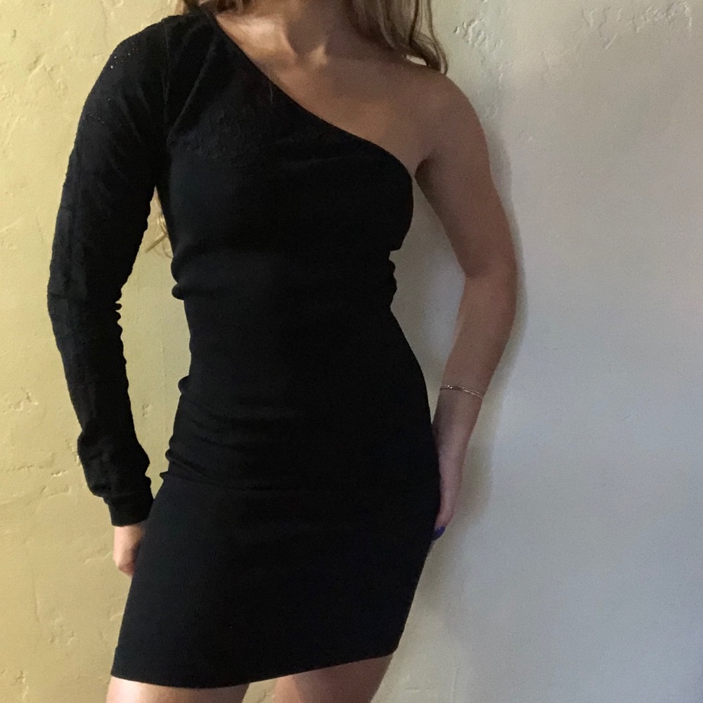 One Shoulder Ribbed Spandex Mini Dress - Picture 2 of 4